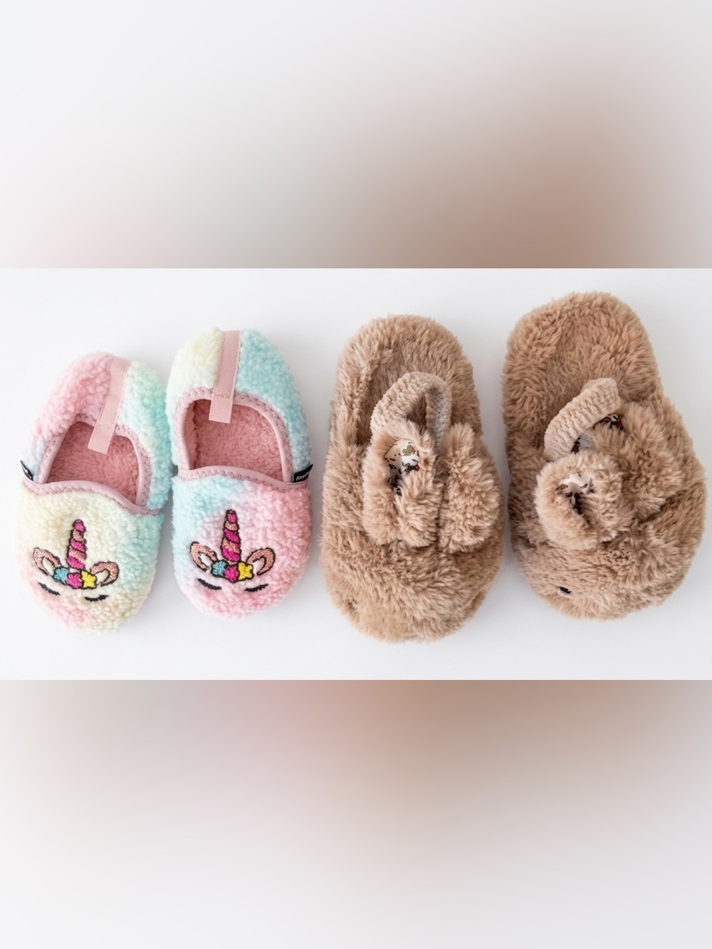 Toddler Girl Plush Unicorn and bunnies Slippers Size 9/10 Pink Backstrap Cozy
